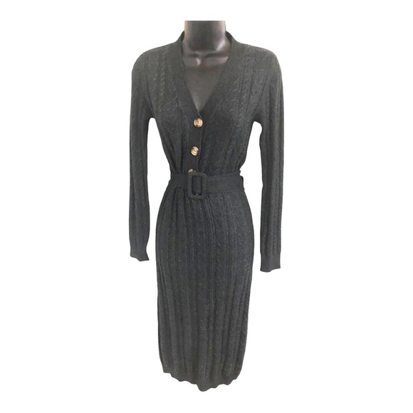 Lucky Brand dark charcoal chunky knit belted v-neck sweater dress size small new - Picture 1 of 12